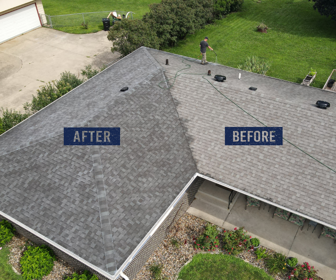 Before and after roof rejuvenation results for a Treasure Valley asphalt shingle roof